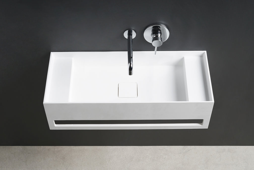 INFINITE | CUBE-X WM 70 with Towel Bar & Deck | Wall Mount Washbasin | INFINITE Solid Surfaces