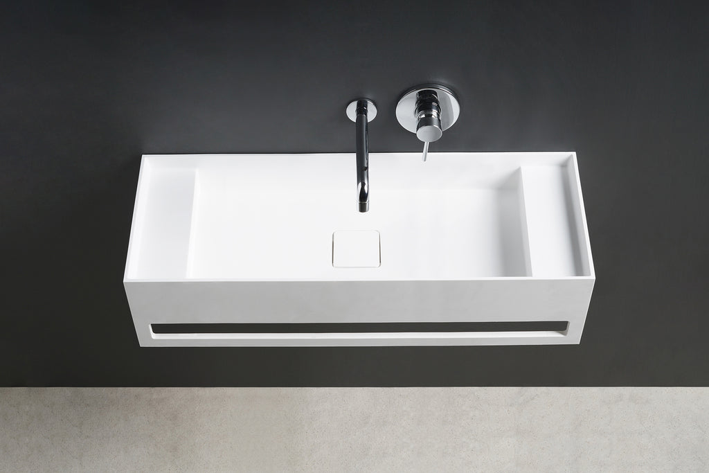 INFINITE | CUBE-X WM 80 with Towel Bar & Deck | Wall Mount Washbasin | INFINITE Solid Surfaces